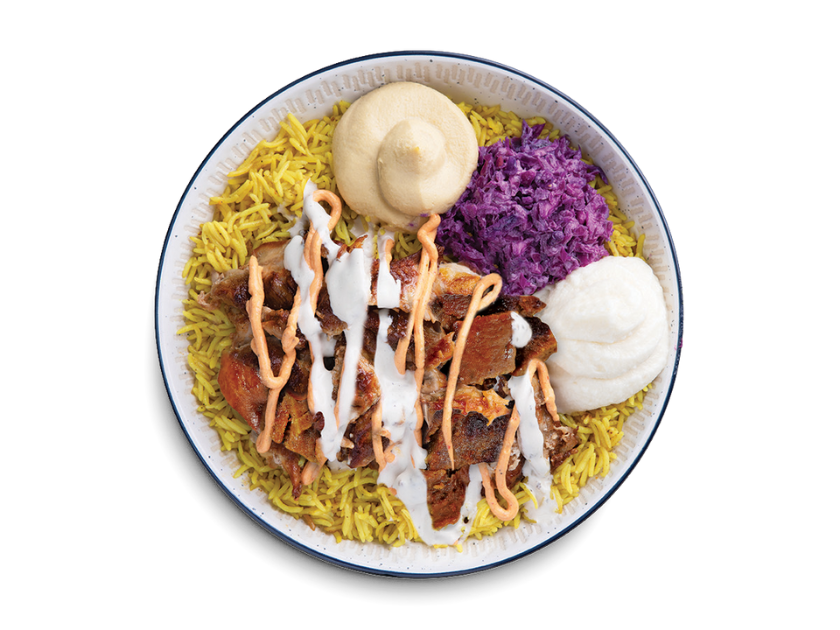 Chicken shawarma and beef and lamb gyro served over basmati rice with spicy garlic, tzatziki, onions, tomatoes and lettuce